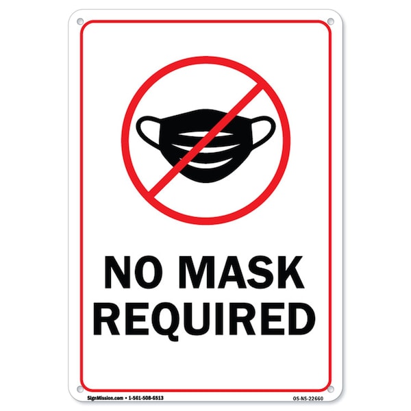 Public Safety Sign, No Mask Required, 18in X 12in Rigid Plastic, 12" W, 18" L, No Mask Required